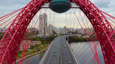 AERIAL-passing-through-the-highway-bridge,-Moscow,-Russia