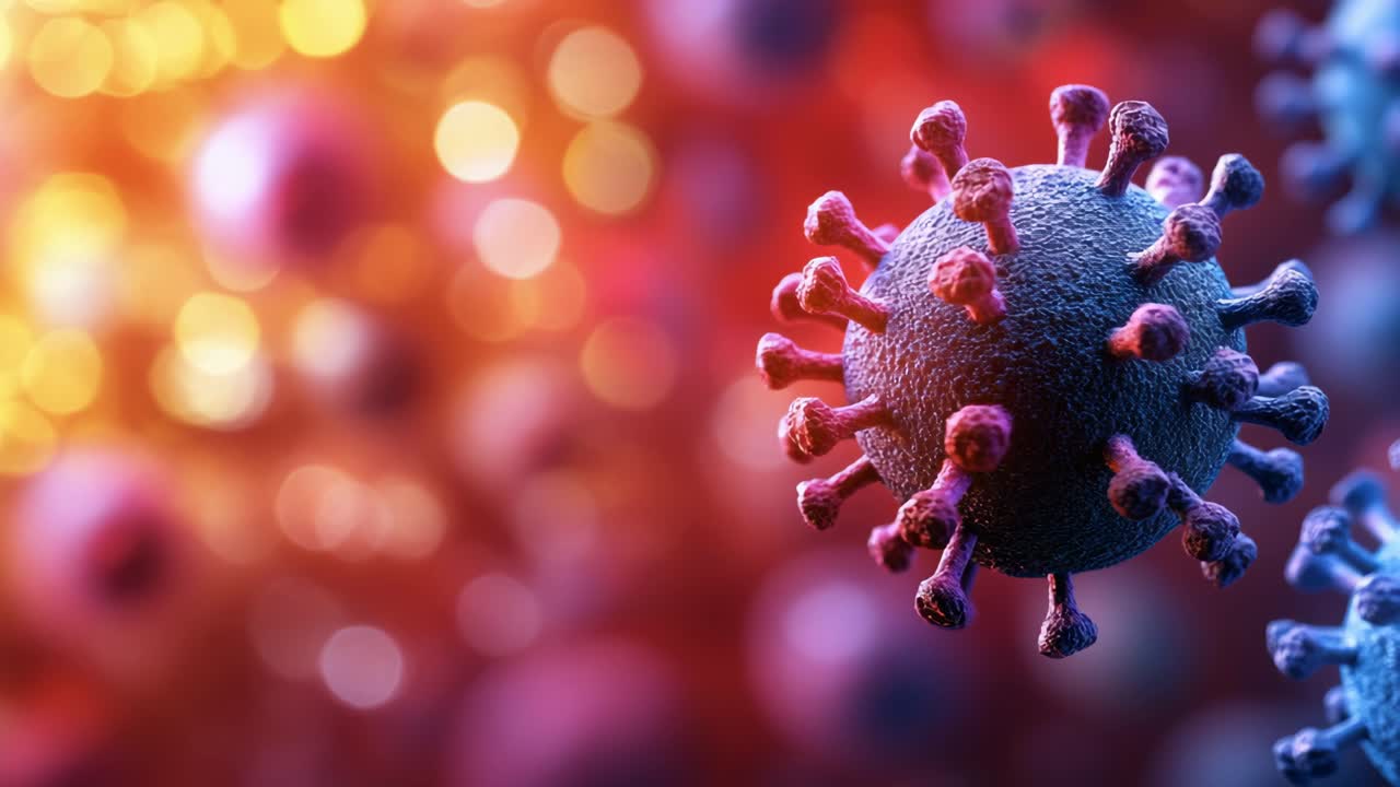 Virus under microscope close-up. Detailed visualization of a virus showcasing its structure and features against a colorful blurred background.