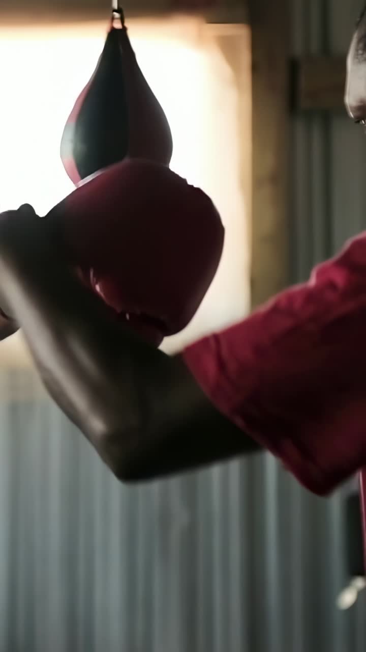 Video verticale: Pugile in rosso si aggiusta il guantone e picchietta il punching ball in palestra, con spazio per il testo.