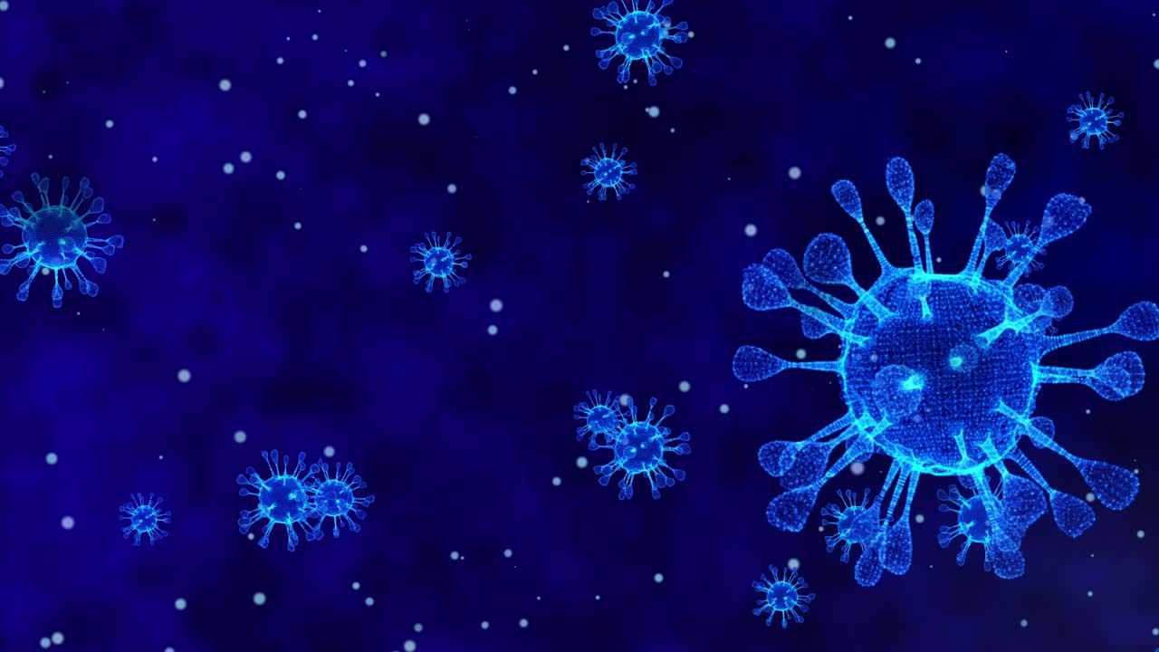 코로나 바이러스 세포 코비드-19 감염병: 질병의 빠른 전염, 코로나바이러스의 높은 농도, 3d 렌더링 루프 4k