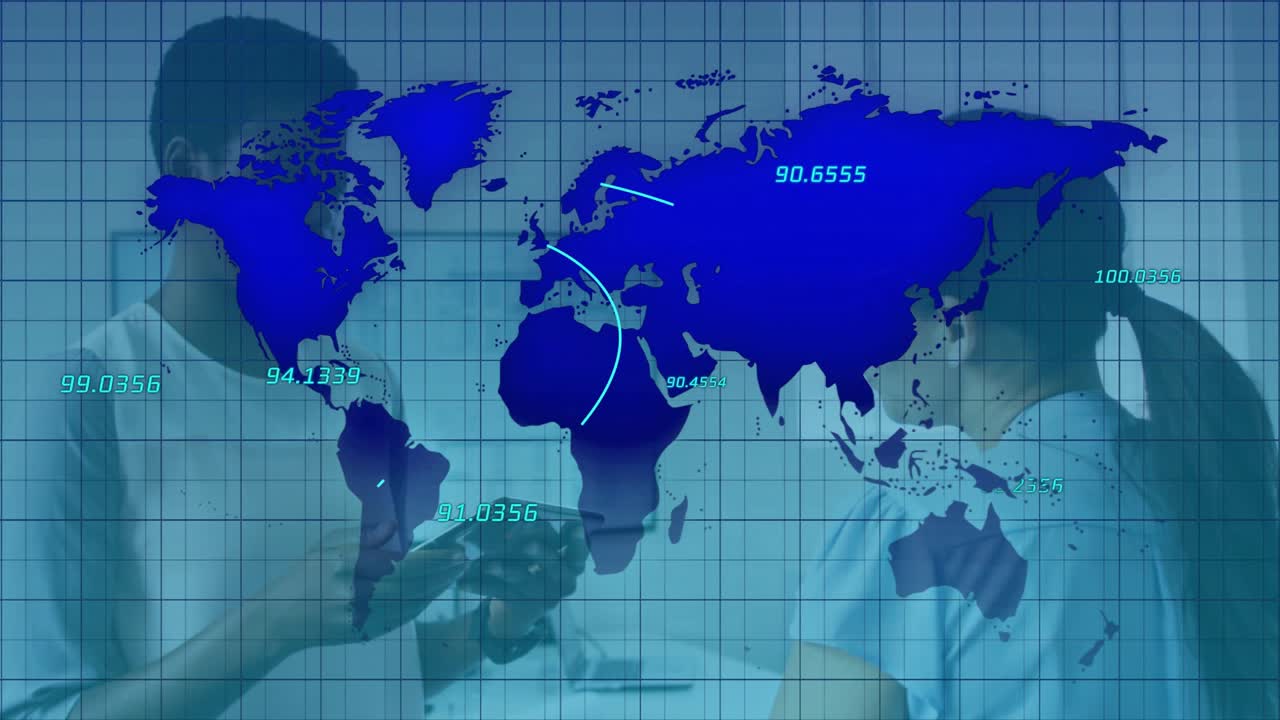 Healthcare team tapping tablet, showing transparent map with labels and arcs for global transfers