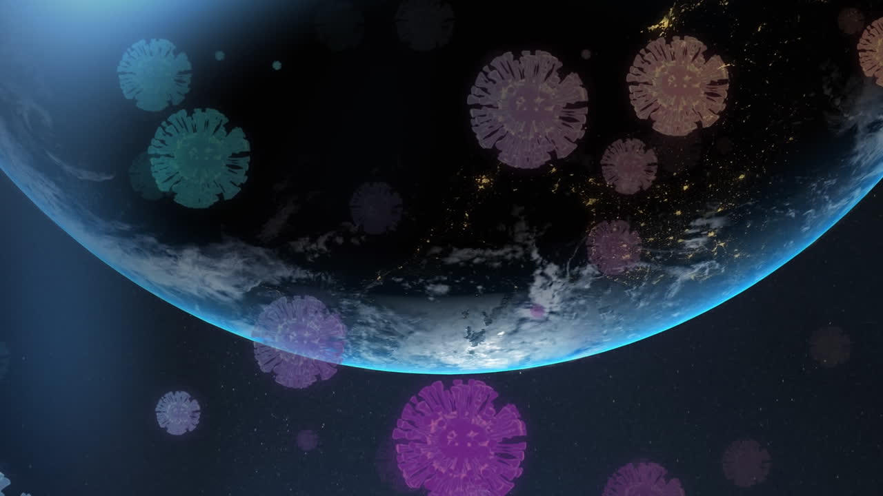 múltiples células de covid-19 flotando y un punto de luz sobre un globo giratorio contra un fondo azul