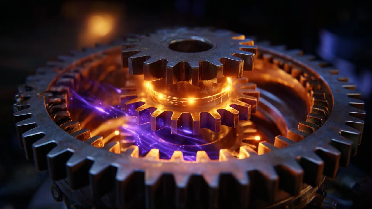 Intricate Mechanisms of Interlocking Gears with Glowing Elements Highlighting the Dynamic Motion and Energy Flow in a Fascinating Example of Mechanical Engineering and Modern Design Aesthetics