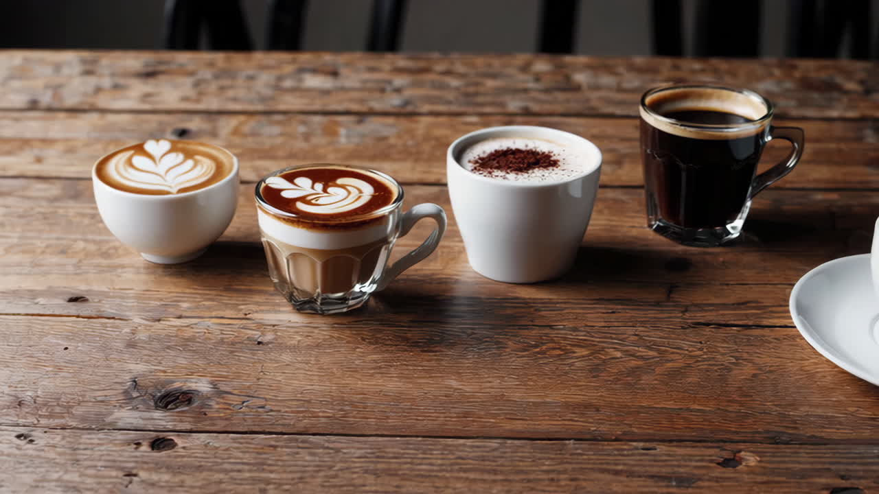 A selection of coffee and espresso drinks on a rustic wooden table
