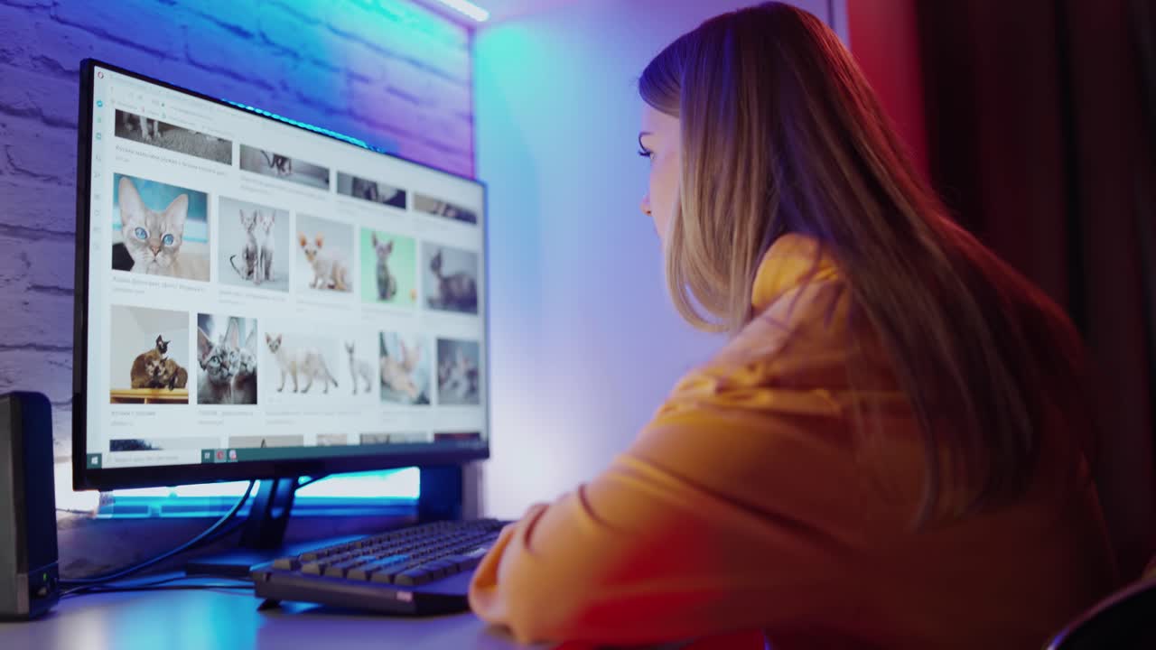 Young woman using computer. Caucasian woman working on computer at home
