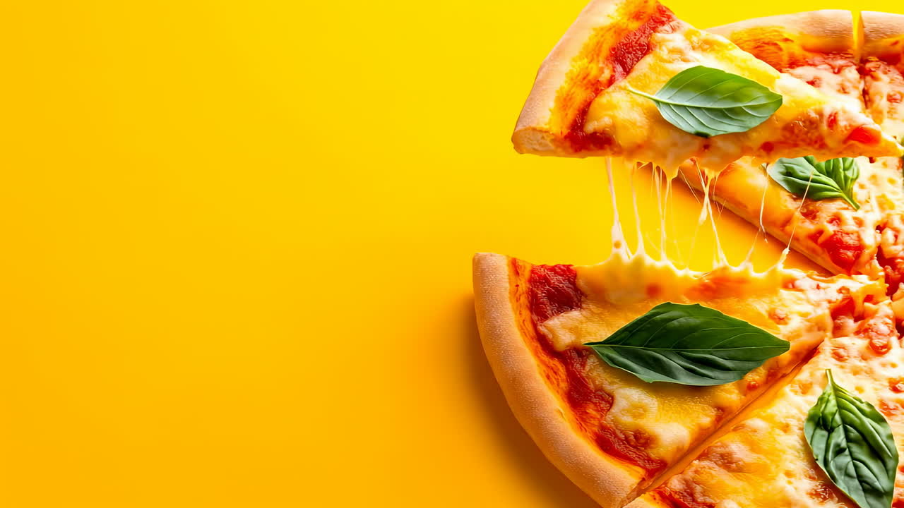 Cheesy pizza on bright backdrop. A freshly baked cheese pizza with basil leaves on a bright yellow surface, showcasing melting cheese and crispy crust