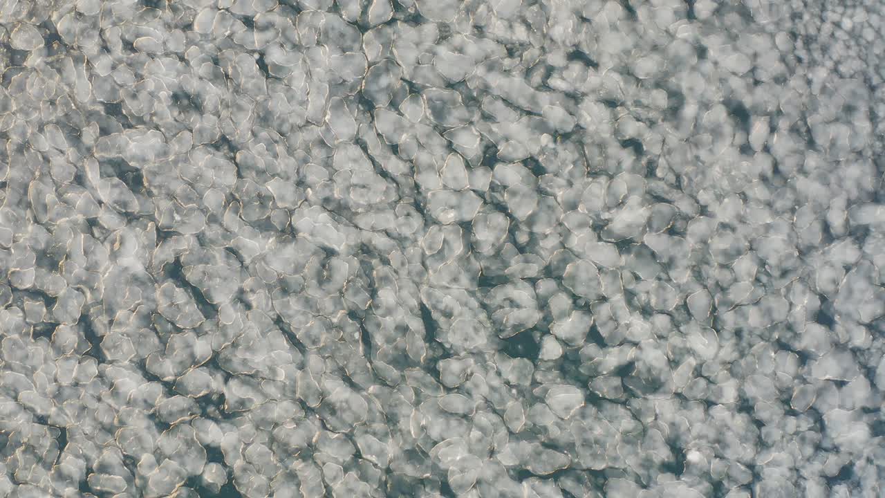 부분에 얼음이 떠다니는 빙하 호수. 새의 눈. 움직이는 균열된 얼음