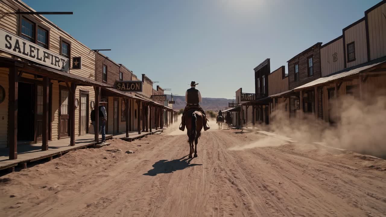 Wide-angle shot of a cowboy riding a horse through a dusty, deserted Western town