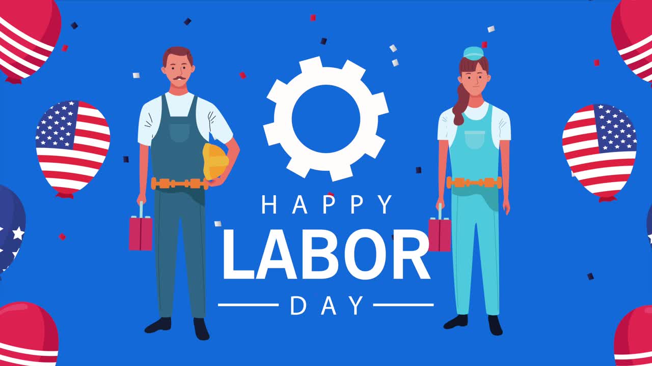 미국 국기와 풍선, 헬, 노동자의 축하 노동의 날