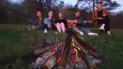 friends relaxing around a campfire at dusk