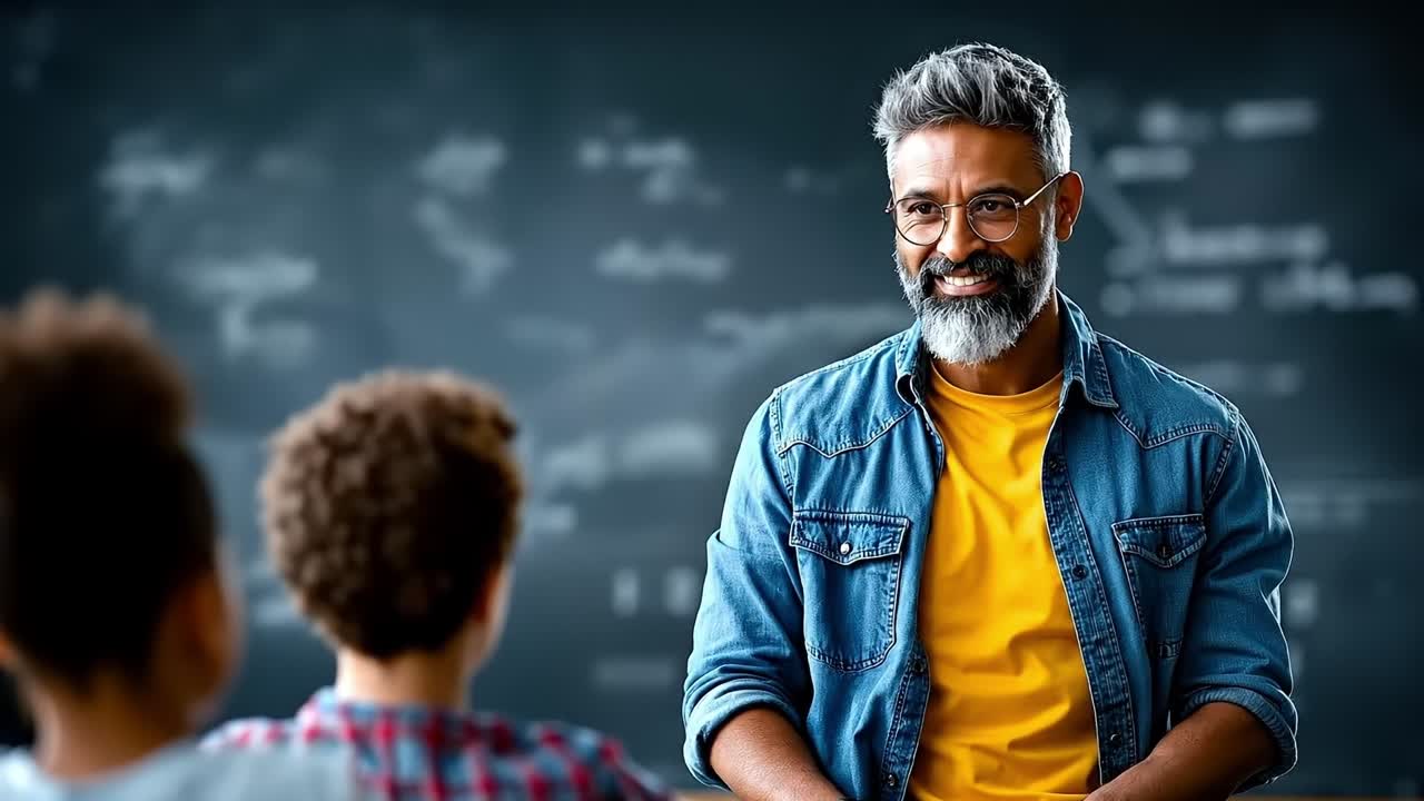 A man standing in front of a blackboard with his hands up in the air