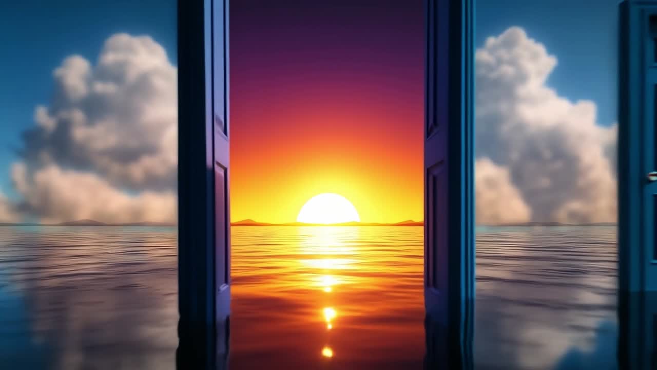 Three doors open to a vibrant sunset. Doors stand on a calm ocean surface as a stunning sunset casts warm colors across the sky and water.