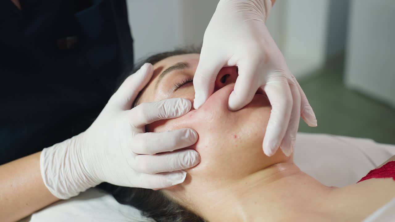 Spa visitor closes eyes gently as female skin therapist wearing disposable gloves dips fingernail inside mouth and uses other hand to massage cheeks in clinical setting gentle professional care