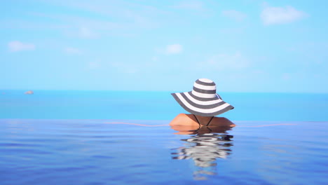 Detrás-De-Una-Mujer-Elegante-Con-Sombrero-De-Ala-Ancha-En-Una-Piscina-Infinita-Mirando-El-Infinito-Horizonte-En-Un-Día-Soleado-De-Verano,-Marco-Completo