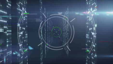 animation of scope scanning and data processing over tech room with computer servers