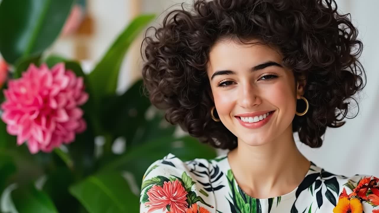 una mujer con cabello rizado sonriendo a la cámara