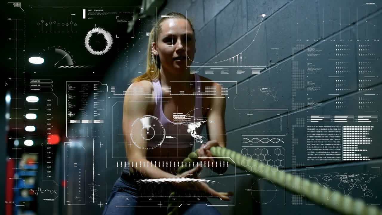 interfaz digital con procesamiento de datos contra mujer haciendo ejercicio con cuerda