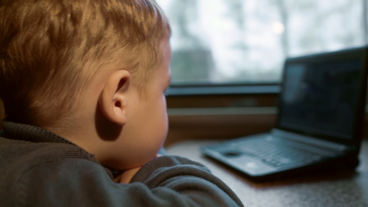 niño pequeño viendo video en una computadora portátil en el tren