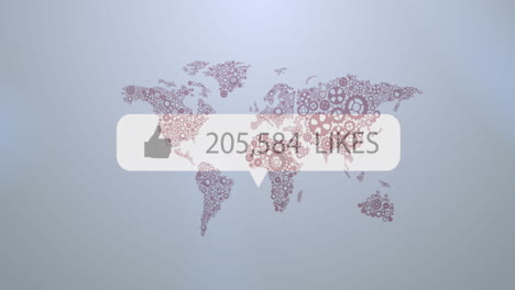 animación de gustos texto con número creciente sobre el mapa del mundo en fondo gris