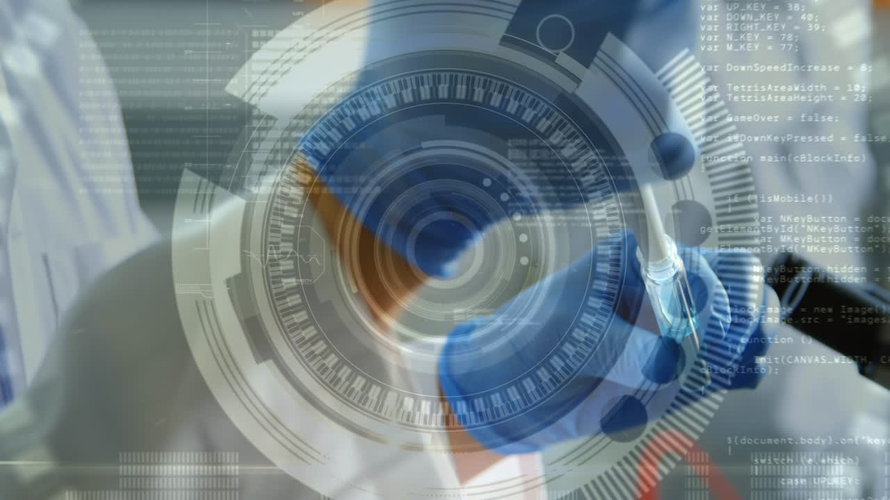 animación de escaneo de alcance y procesamiento de datos sobre científico caucásico en el laboratorio