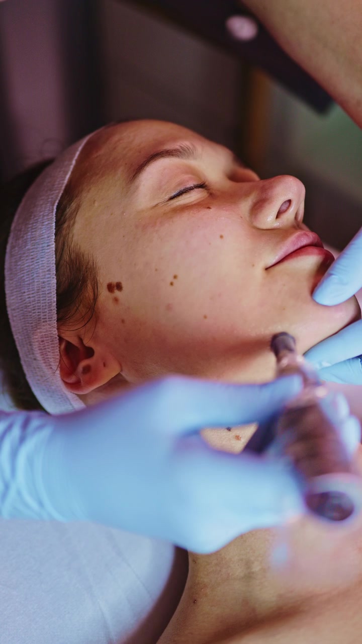 En kvinde får ansigtsbehandling på en klinik om dagen, hvor en specialist udfører behandlingen professionelt med omhu og fokus på hudforyngelse