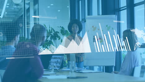 Animation-of-graphs,-loading-bars,-map,-diverse-woman-explaining-strategy-to-coworkers-on-whiteboard