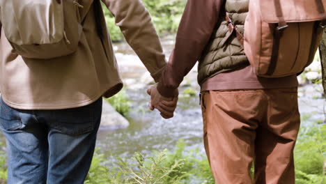 family holding hands next to the river