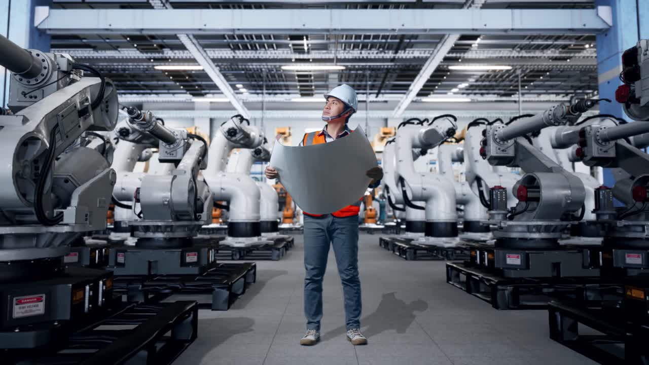 Engineer reviewing blueprints in a modern robotic factory