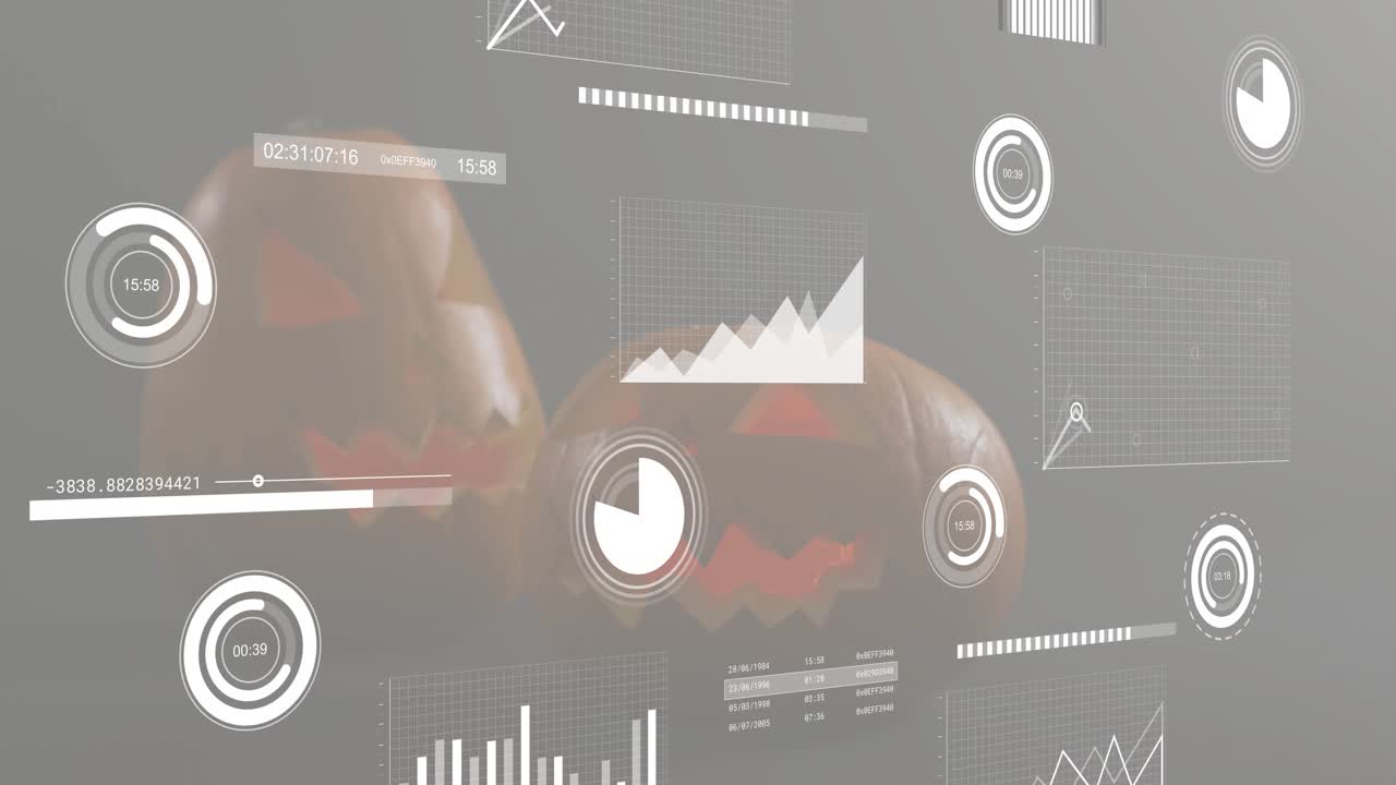 Fading in HUD elements over pumpkins and animating meters filling, charts rising visualizing growth