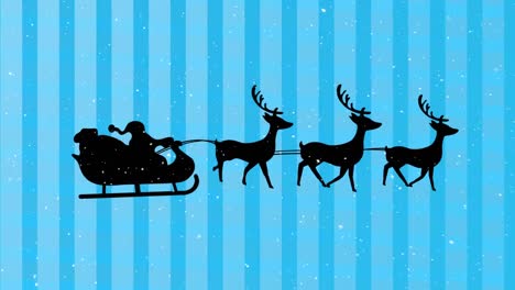 snow falling over santa claus in sleigh being pulled by reindeers against striped blue background