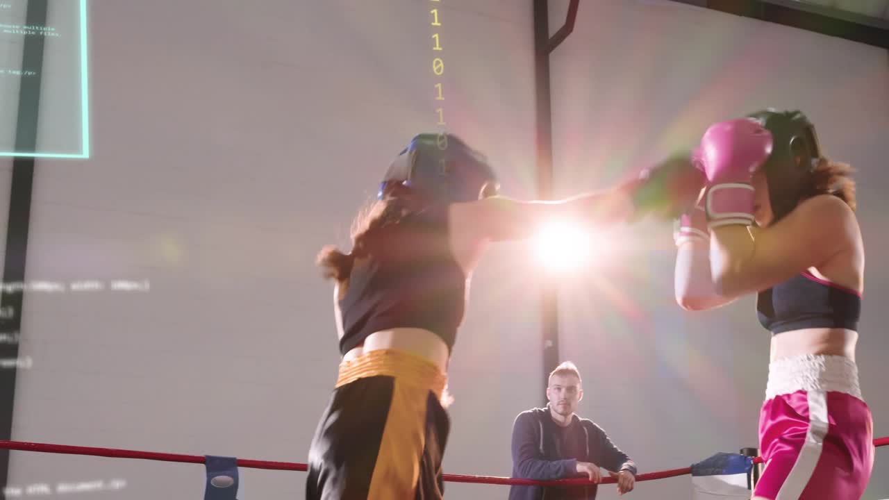 Left boxer feinting, right boxer countering jabs, blocking for boxing, coach watching AR overlaying