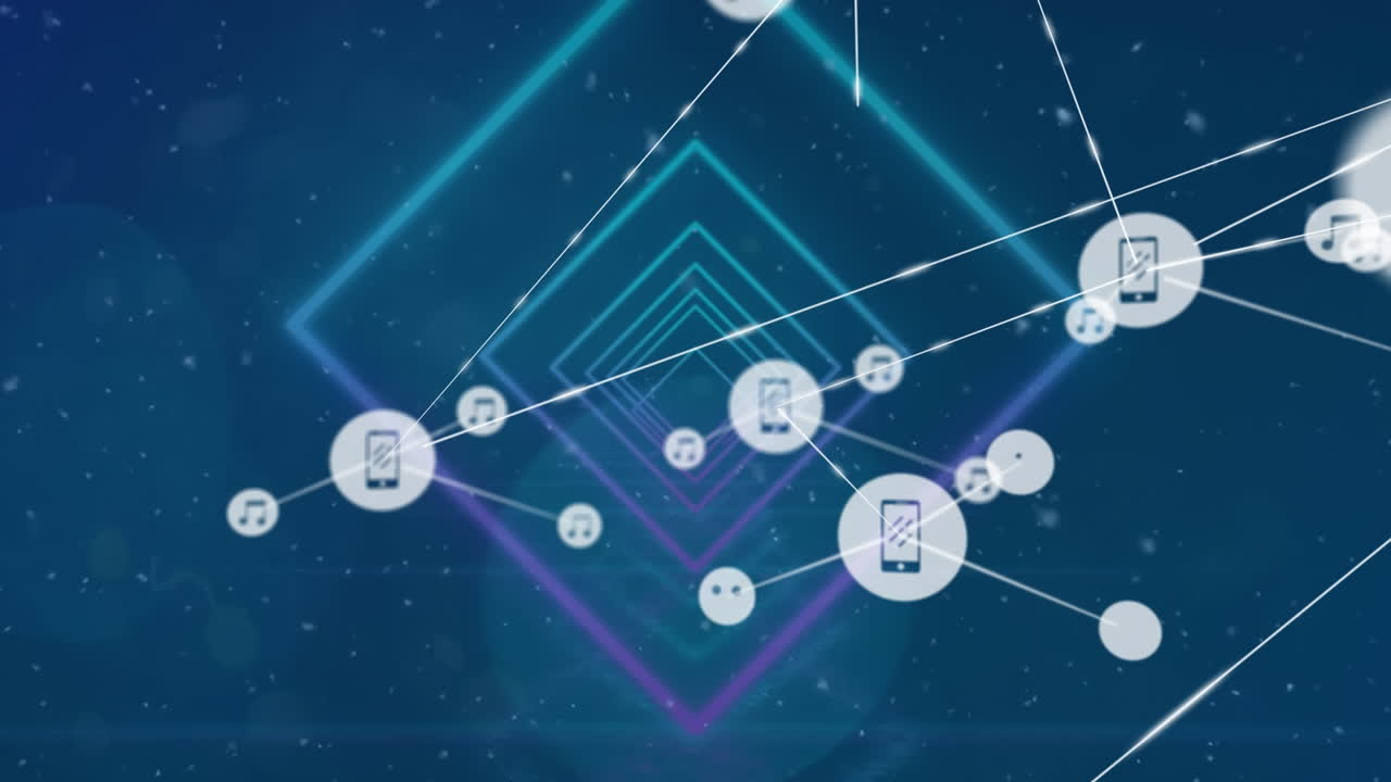 animación de una red de iconos digitales sobre cuadrados concéntricos en un patrón sin costuras y puntos de luz