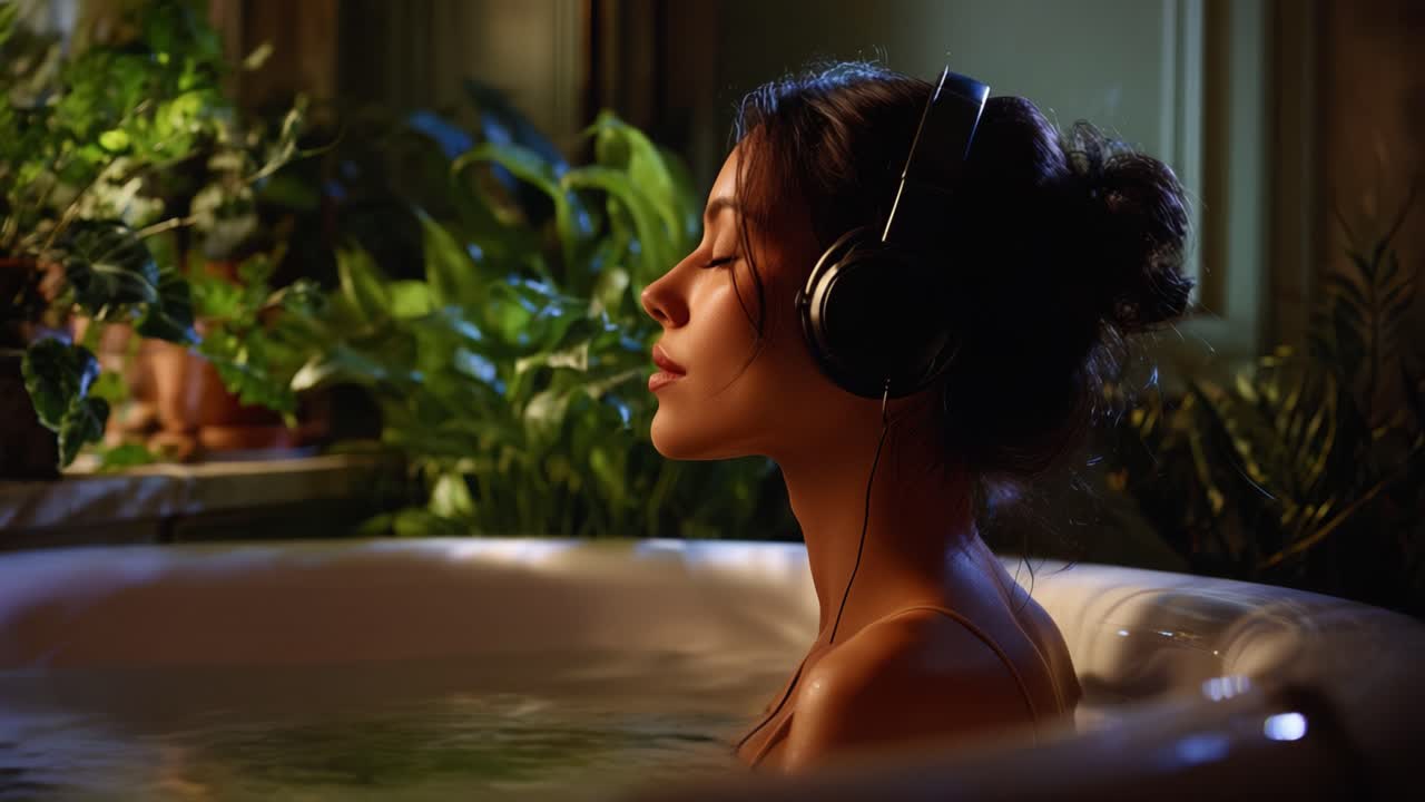 A Serene Moment of Relaxation in a Bathtub Surrounded by Lush Greenery While Enjoying Calming Music through Headphones for Ultimate Tranquility and Peace