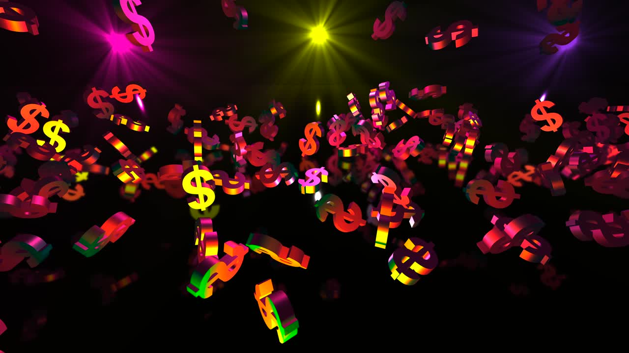 황금 3d 달러 기호는 네온 불빛에 떨어집니다. 금융 이벤트 배경 3d 렌더링 루프 4k