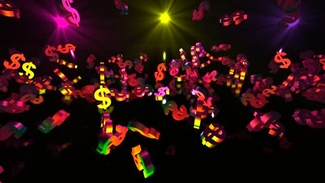 los símbolos dorados de dólares 3d que caen en las luces de neón que caen. fondo del evento financiero. bucle de renderización 3d 4k