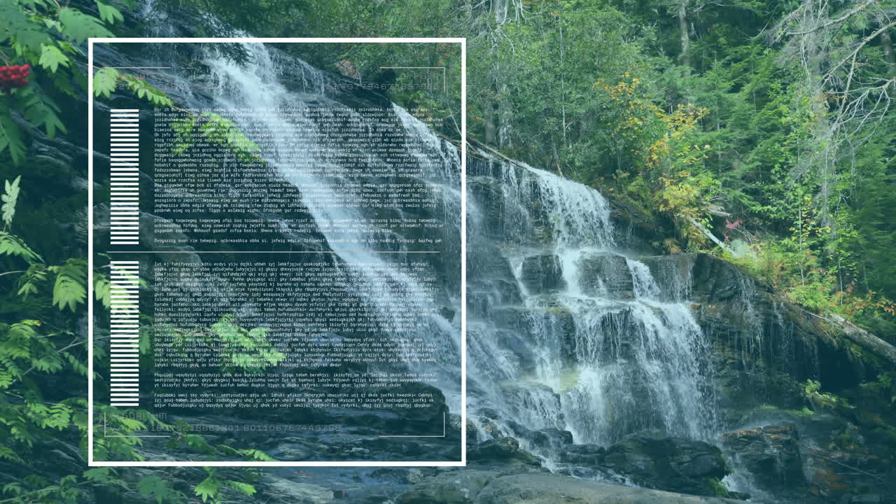 Flowing waterfall over rocks with digital text and data animation overlay