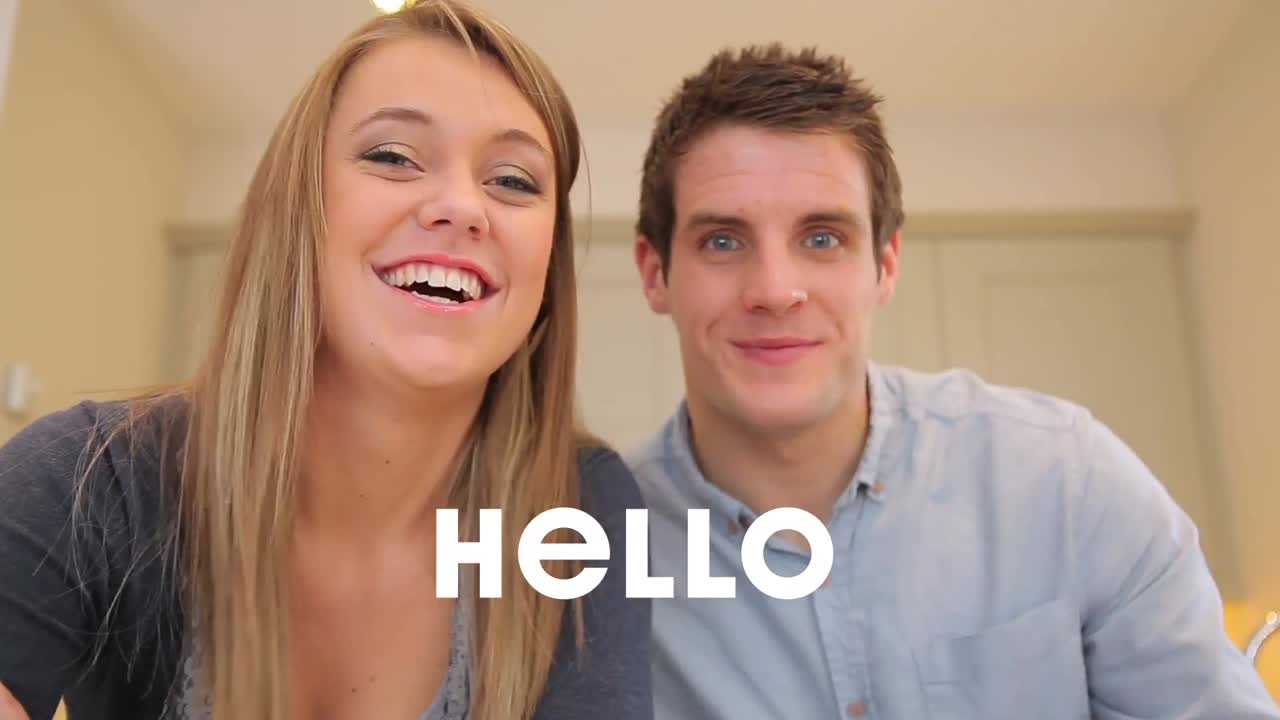 Animation of hello text on happy caucasian couple