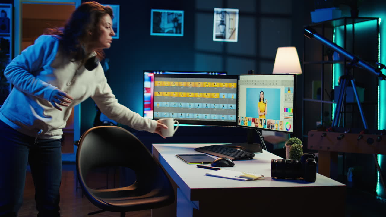 fotógrafo bebiendo café, llegando al estudio