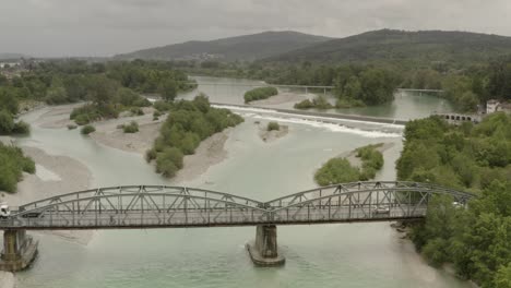 river, bridge, and dam aerial view