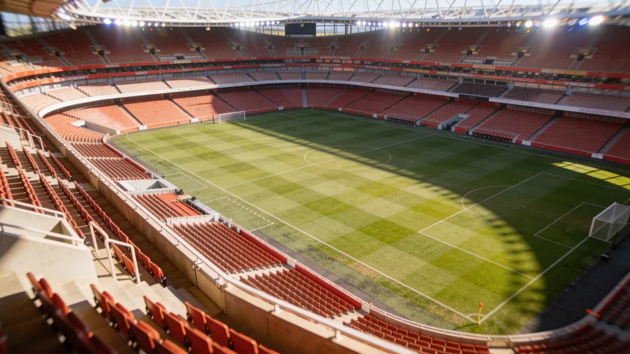 Telecamera superiore che effettua una panoramica mostrando il campo rasato con porta, bandierina d'angolo e sedili rossi allo stadio.
