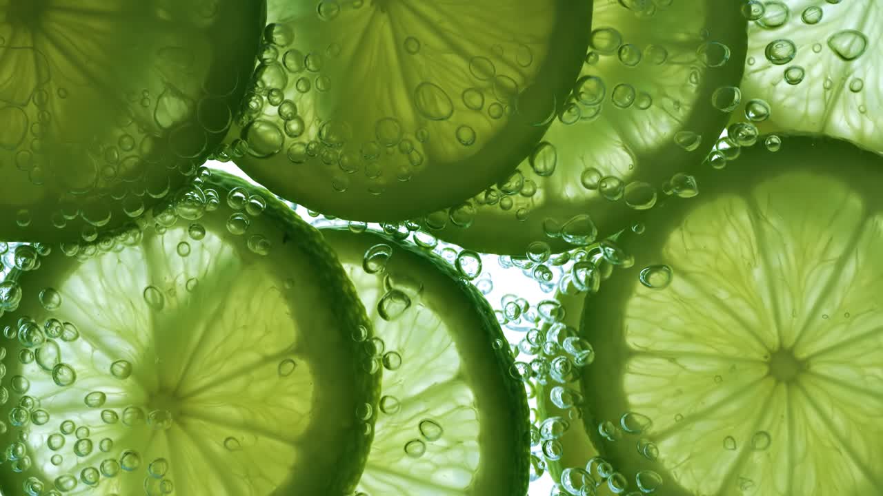 rebanadas de cal que caen profundamente bajo el agua. filmado en cámara súper lenta 1000 fps.