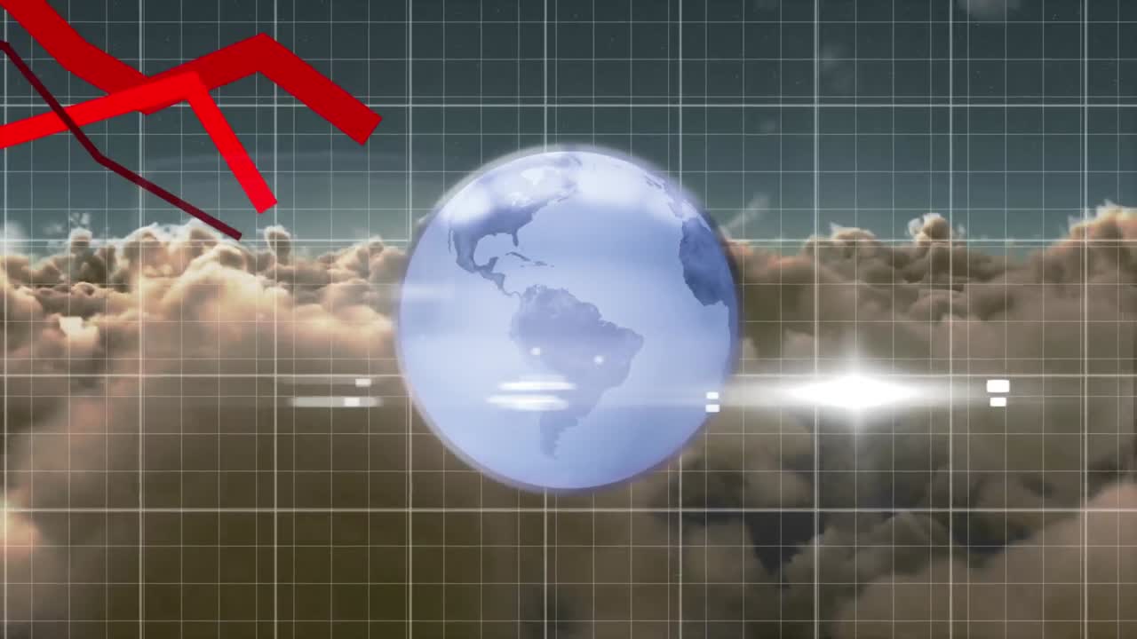 전 세계와 구름 위의 은 선으로 금융 데이터 처리의 애니메이션