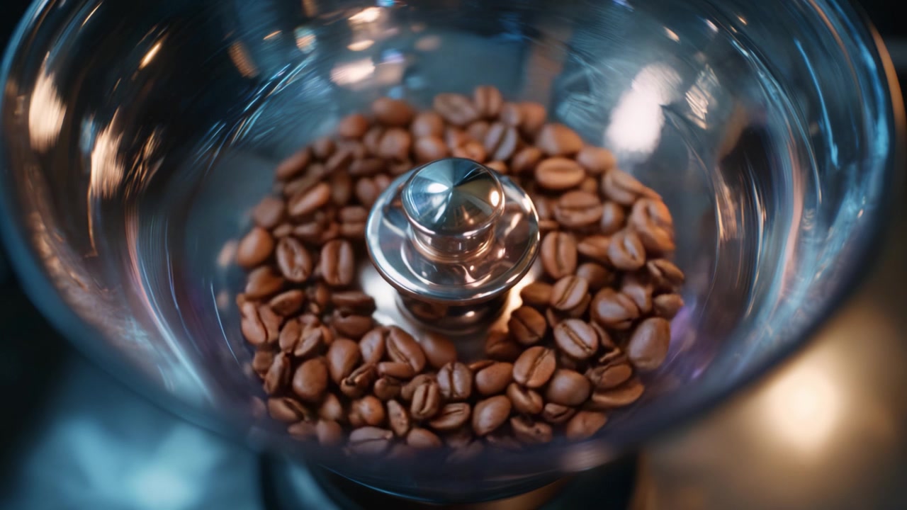 Et nærbillede af kaffebønner i en kværn, der viser deres rige farve og tekstur, og fanger essensen af processen med friskkværnet kaffetilberedning
