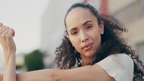 fitness woman, face and stretching arms in city