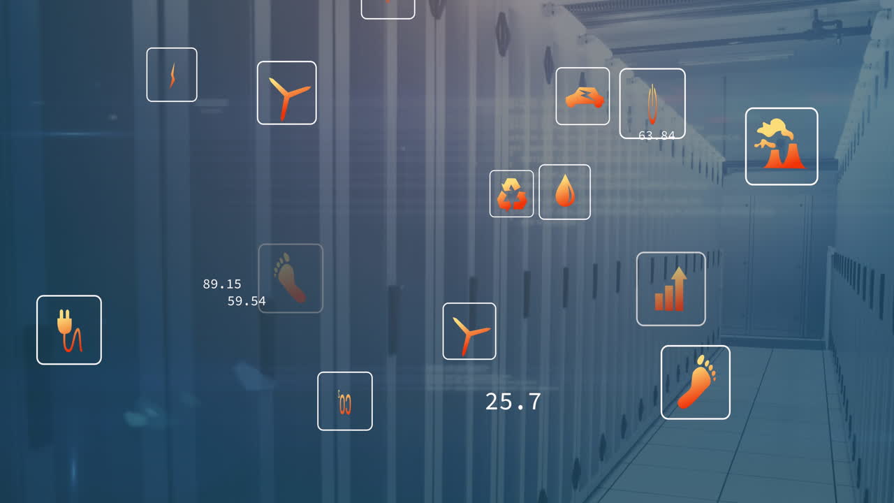 Animazione di icone ecologiche ed elaborazione dati su server informatici.