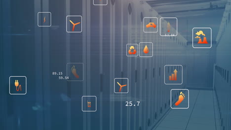 animation of eco icons and data processing over computer servers