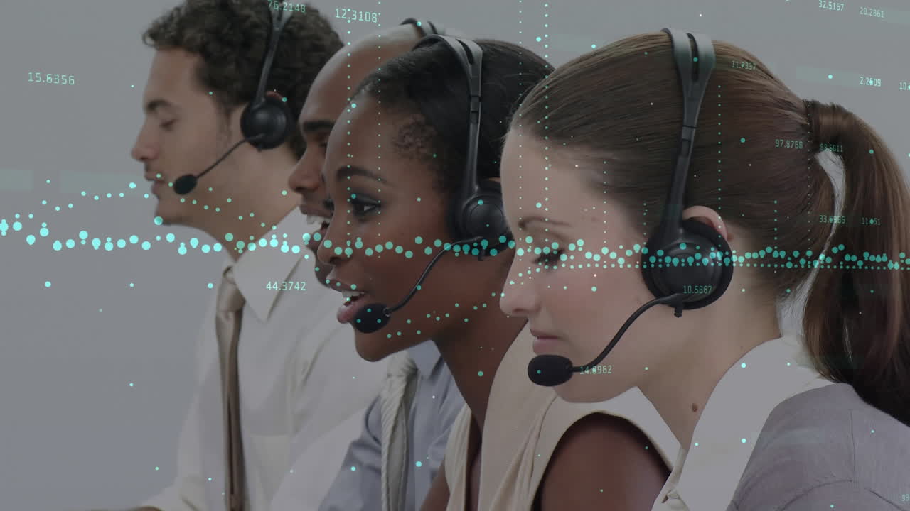 Animation of statistics and data processing over business people wearing phone headsets