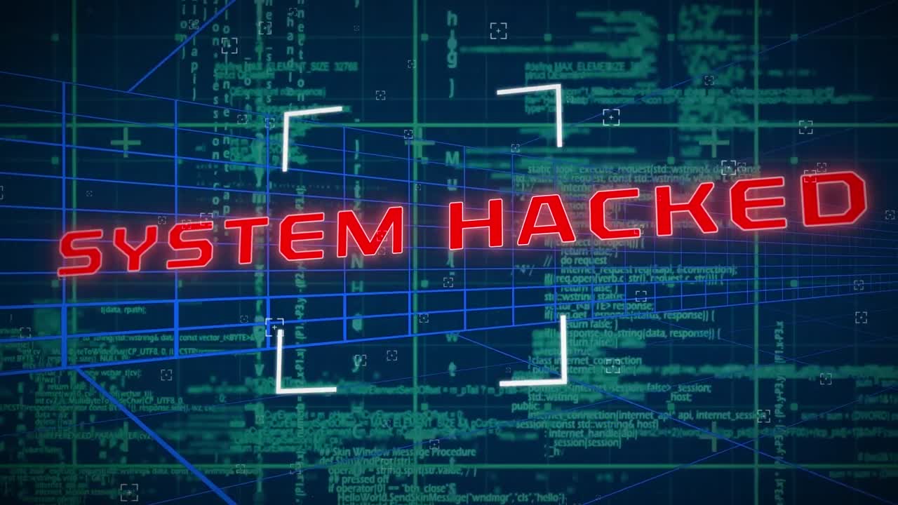 Animation of cyber attack warning text over data processing