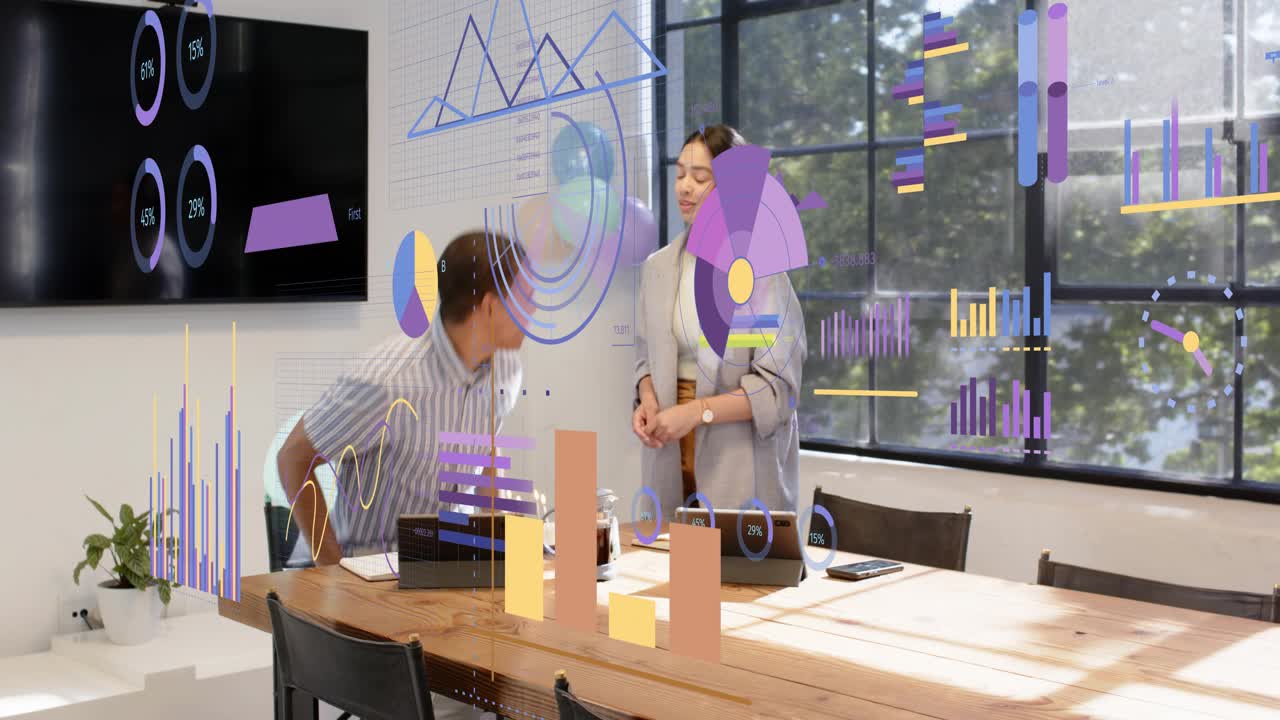 Seated man tapping tablet, coming woman with teapot sparking floating data charts for business