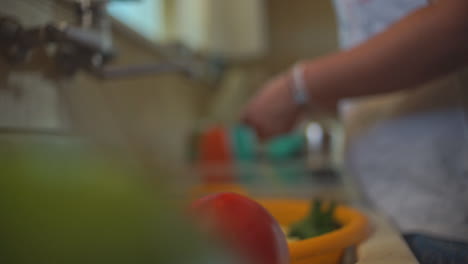 imágenes de primer plano de una mujer pelando un tomate en casa